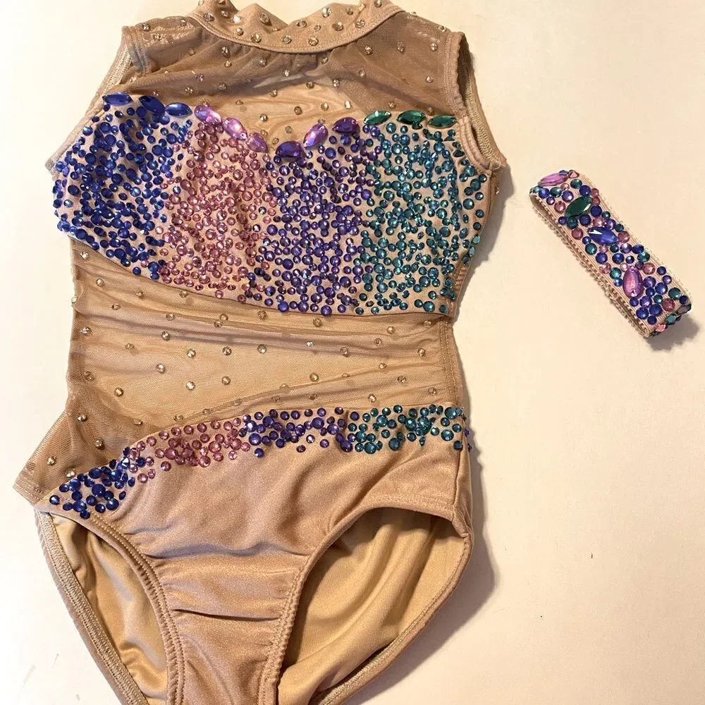 AA dance design costume solo tan beige nude illusion custom rhinestone ombre S